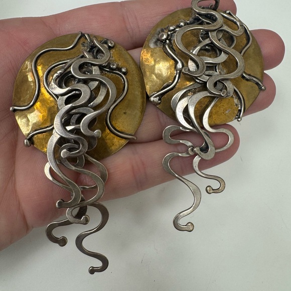 Vintage Bronze and silver tone round disks with swirls post statement earrings